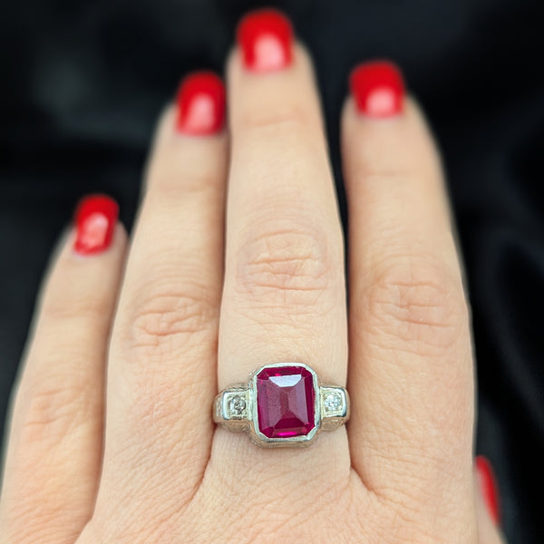 1920s Art Deco Era Diamonds Sugarloaf Lab Ruby 14k White Gold Ring Vintage Gift 