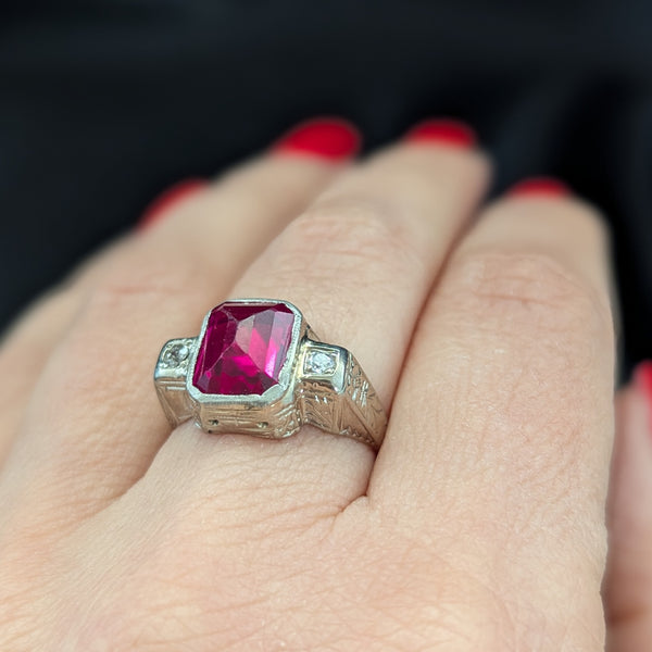 1920s Art Deco Era Diamonds Sugarloaf Lab Ruby 14k White Gold Ring Vintage Gift 