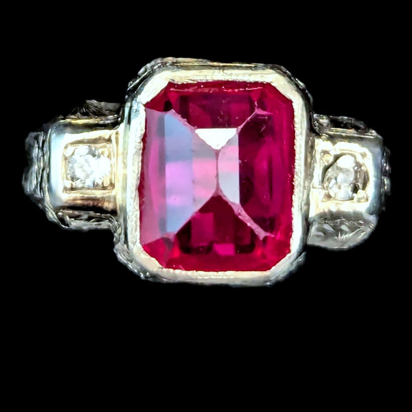1920s Art Deco Era Diamonds Sugarloaf Lab Ruby 14k White Gold Ring Vintage Gift 
