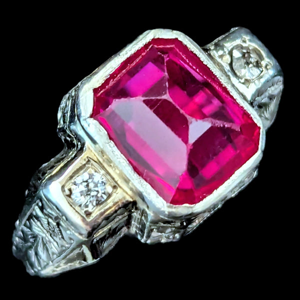 1920s Art Deco Era Diamonds Sugarloaf Lab Ruby 14k White Gold Ring Vintage Gift 