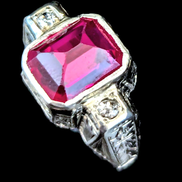 1920s Art Deco Era Diamonds Sugarloaf Lab Ruby 14k White Gold Ring Vintage Gift 