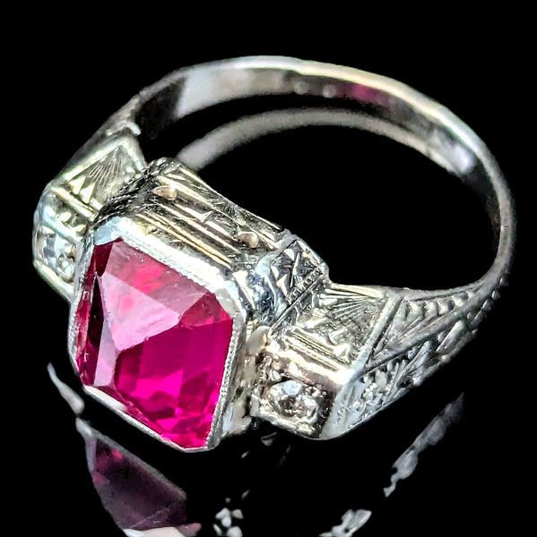 1920s Art Deco Era Diamonds Sugarloaf Lab Ruby 14k White Gold Ring Vintage Gift 