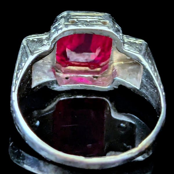 1920s Art Deco Era Diamonds Sugarloaf Lab Ruby 14k White Gold Ring Vintage Gift 