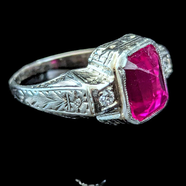 1920s Art Deco Era Diamonds Sugarloaf Lab Ruby 14k White Gold Ring Vintage Gift 