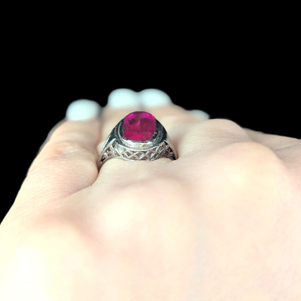 1920s Art Deco Era Lab Created Ruby White Gold Filigree Dinner Ring Antique Gift