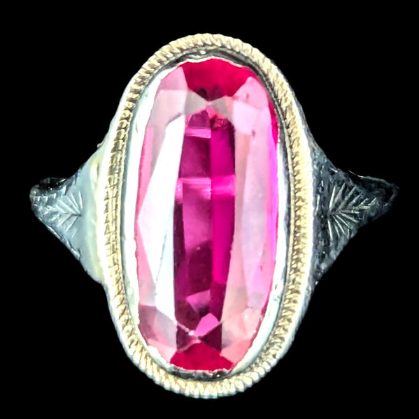 1920s Art Deco Era Lab Created Ruby White Gold Filigree Dinner Ring Antique Gift