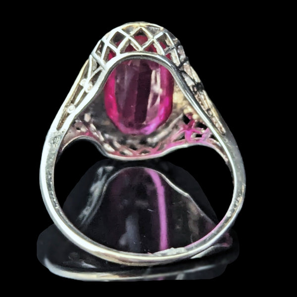 1920s Art Deco Era Lab Created Ruby White Gold Filigree Dinner Ring Antique Gift