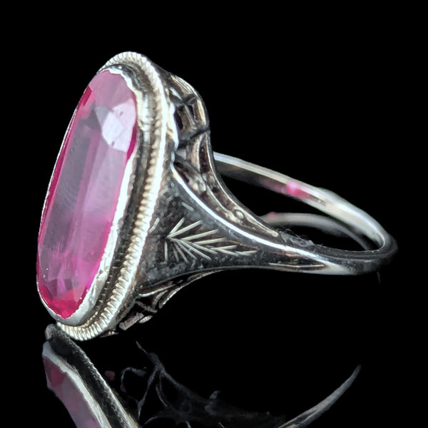 1920s Art Deco Era Lab Created Ruby White Gold Filigree Dinner Ring Antique Gift