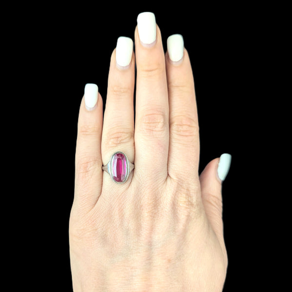 1920s Art Deco Era Lab Created Ruby White Gold Filigree Dinner Ring Antique Gift