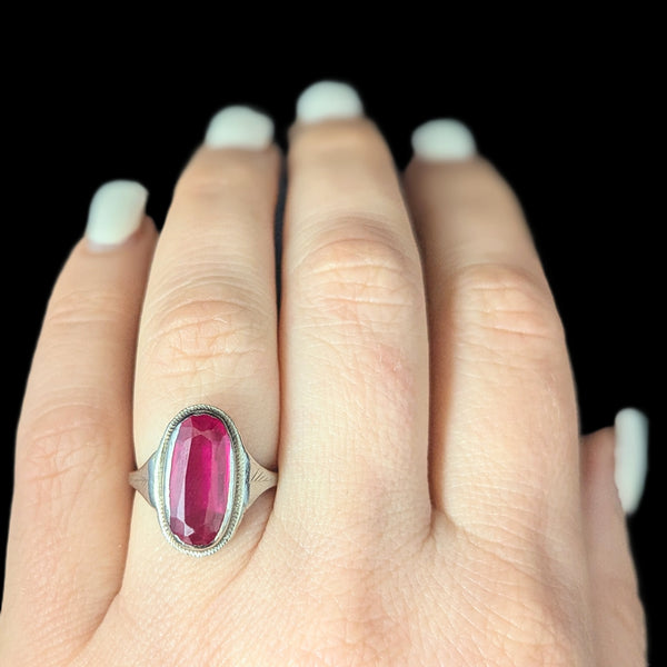 1920s Art Deco Era Lab Created Ruby White Gold Filigree Dinner Ring Antique Gift