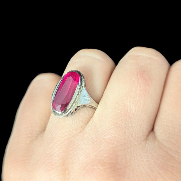 1920s Art Deco Era Lab Created Ruby White Gold Filigree Dinner Ring Antique Gift