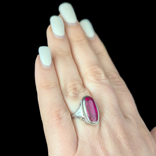 1920s Art Deco Era Lab Created Ruby White Gold Filigree Dinner Ring Antique Gift