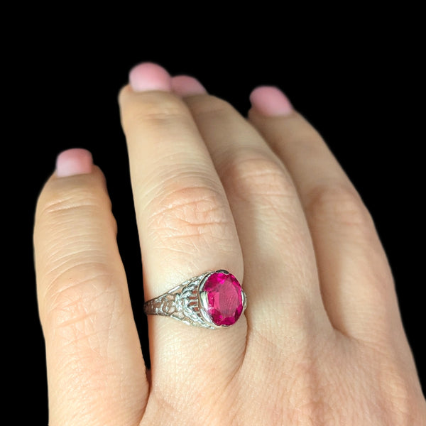 1920s Art Deco Era Lab Created Ruby White Gold Filigree Ring Vintage Antique