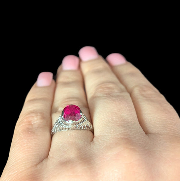 1920s Art Deco Era Lab Created Ruby White Gold Filigree Ring Vintage Antique