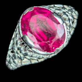 1920s Art Deco Era Lab Created Ruby White Gold Filigree Ring Vintage Antique