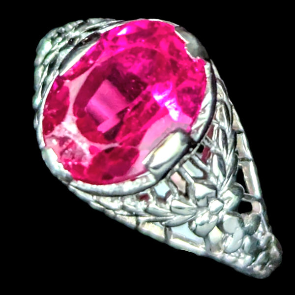 1920s Art Deco Era Lab Created Ruby White Gold Filigree Ring Vintage Antique