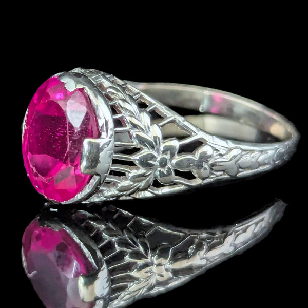 1920s Art Deco Era Lab Created Ruby White Gold Filigree Ring Vintage Antique