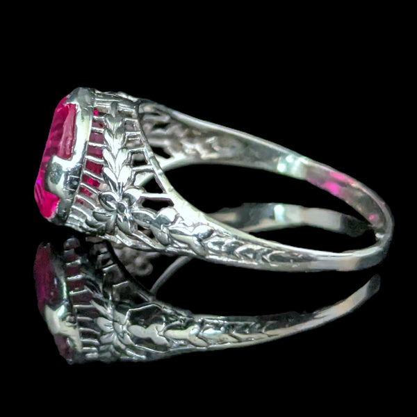 1920s Art Deco Era Lab Created Ruby White Gold Filigree Ring Vintage Antique