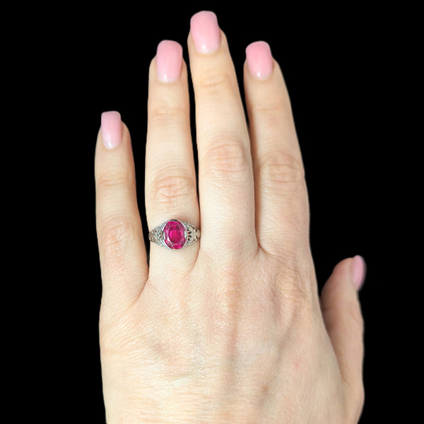 1920s Art Deco Era Lab Created Ruby White Gold Filigree Ring Vintage Antique