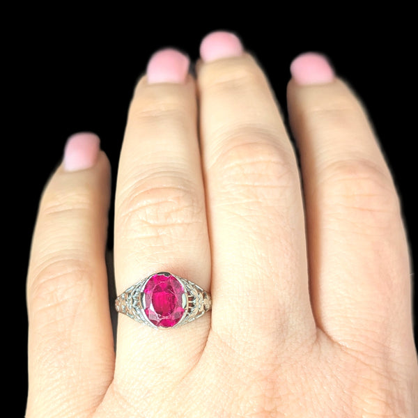 1920s Art Deco Era Lab Created Ruby White Gold Filigree Ring Vintage Antique