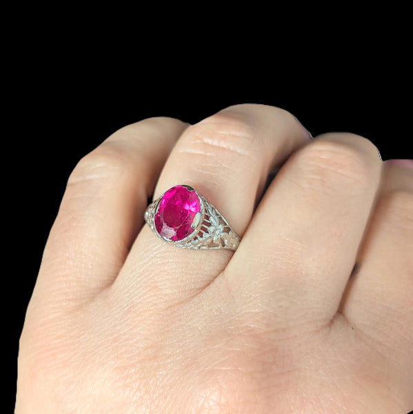 1920s Art Deco Era Lab Created Ruby White Gold Filigree Ring Vintage Antique