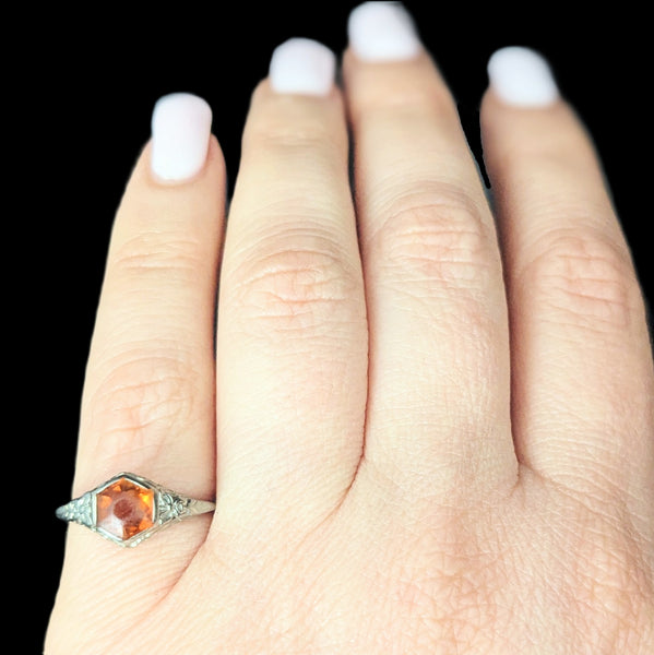1920s Art Deco Ring Era Orange Citrine 14k White Gold Filigree Antique Estate