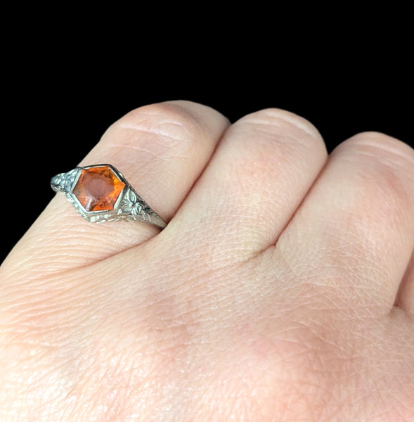 1920s Art Deco Ring Era Orange Citrine 14k White Gold Filigree Antique Estate