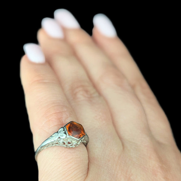 1920s Art Deco Ring Era Orange Citrine 14k White Gold Filigree Antique Estate