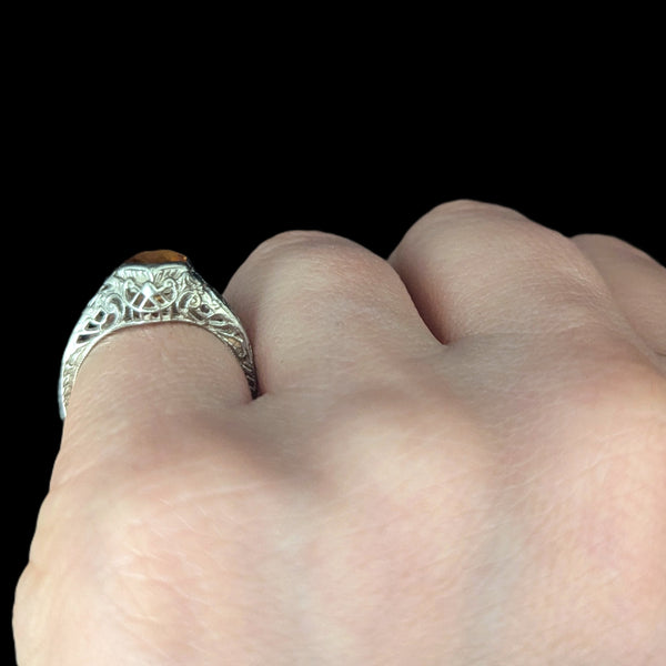 1920s Art Deco Ring Era Orange Citrine 14k White Gold Filigree Antique Estate