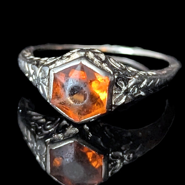 1920s Art Deco Ring Era Orange Citrine 14k White Gold Filigree Antique Estate