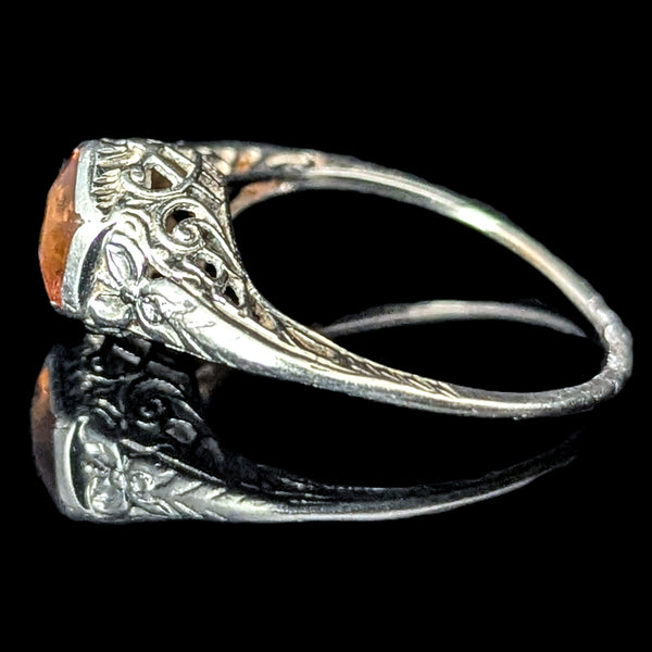 1920s Art Deco Ring Era Orange Citrine 14k White Gold Filigree Antique Estate