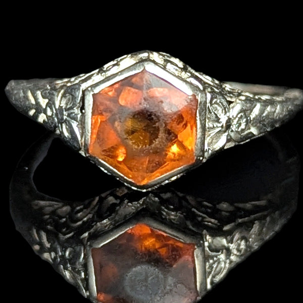 1920s Art Deco Ring Era Orange Citrine 14k White Gold Filigree Antique Estate