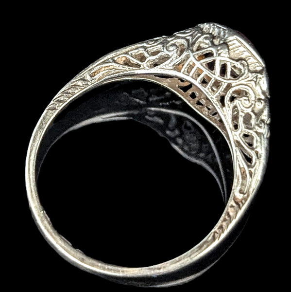 1920s Art Deco Ring Era Orange Citrine 14k White Gold Filigree Antique Estate