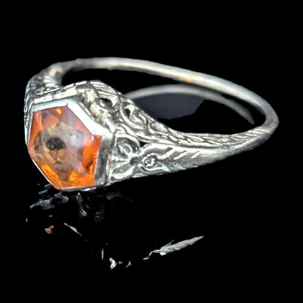 1920s Art Deco Ring Era Orange Citrine 14k White Gold Filigree Antique Estate