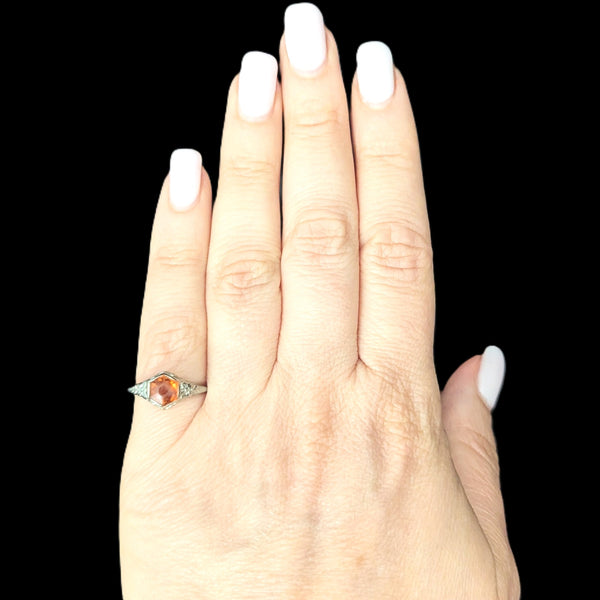 1920s Art Deco Ring Era Orange Citrine 14k White Gold Filigree Antique Estate