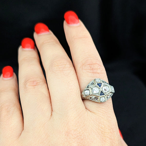 1920s Art Deco Old European Cut Diamond 20k White Gold Sapphire Filigree Ring