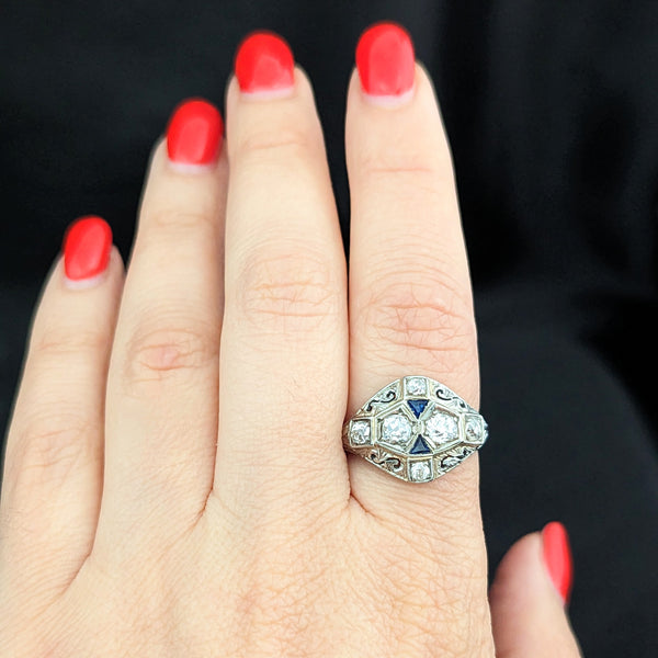 1920s Art Deco Old European Cut Diamond 20k White Gold Sapphire Filigree Ring