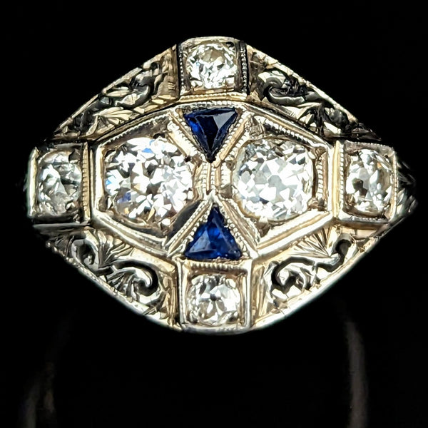 1920s Art Deco Old European Cut Diamond 20k White Gold Sapphire Filigree Ring