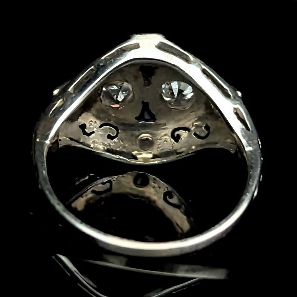 1920s Art Deco Old European Cut Diamond 20k White Gold Sapphire Filigree Ring