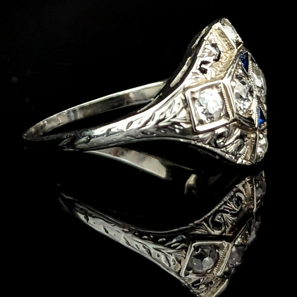1920s Art Deco Old European Cut Diamond 20k White Gold Sapphire Filigree Ring