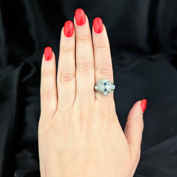1920s Art Deco Old European Cut Diamond 20k White Gold Sapphire Filigree Ring