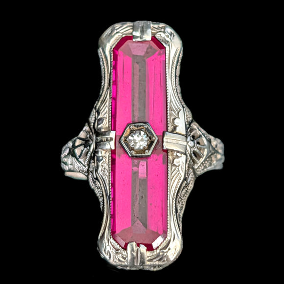 1920s Art Deco Diamond Lab Created Ruby 14 White Gold Cocktail Ring Antique