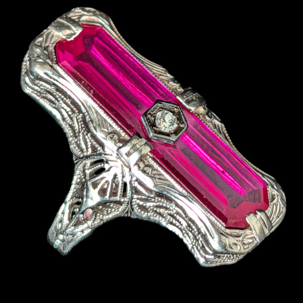 1920s Art Deco Diamond Lab Created Ruby 14 White Gold Cocktail Ring Antique