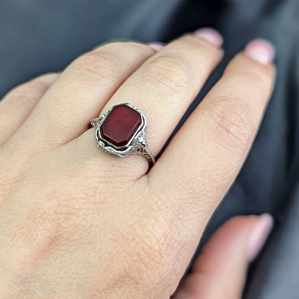 1920s Flip Ring 14k Gold Chalcedony Carnelian Filigree Art Deco Antique Spinner 