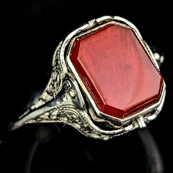 1920s Flip Ring 14k Gold Chalcedony Carnelian Filigree Art Deco Antique Spinner 