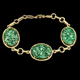 1930-40 Carved Jade 14k Yellow Gold Bracelet Art Deco Orientalism Floral Vintage