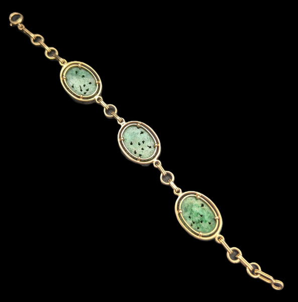 1930-40 Carved Jade 14k Yellow Gold Bracelet Art Deco Orientalism Floral Vintage