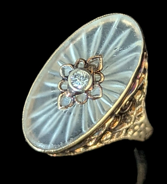 1930s Diamond 10-14k Yellow Gold Camphor Glass Ring Cocktail Filigree Art Deco 
