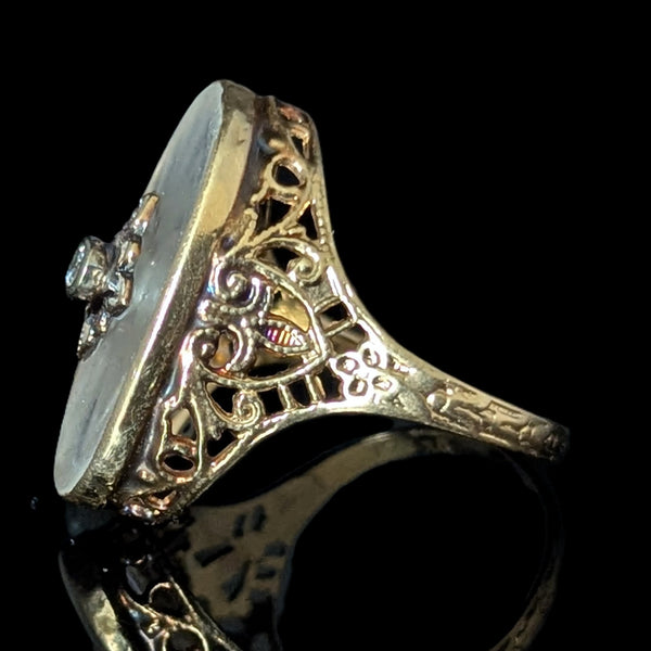 1930s Diamond 10-14k Yellow Gold Camphor Glass Ring Cocktail Filigree Art Deco 