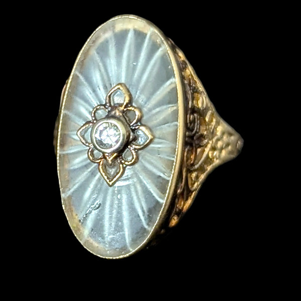 1930s Diamond 10-14k Yellow Gold Camphor Glass Ring Cocktail Filigree Art Deco 